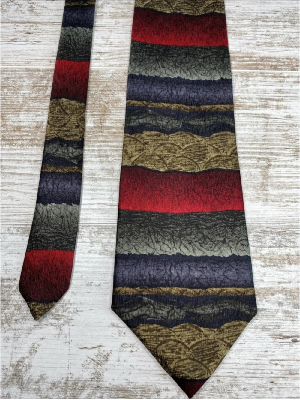 Vintage Jimmy Z 100% Silk Tie Abstract Striped Navy Burgundy Olive Gray 58”